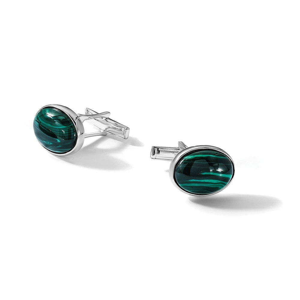 Sterling Silver Polished Malachite Oval Cuff Links - Product Photo