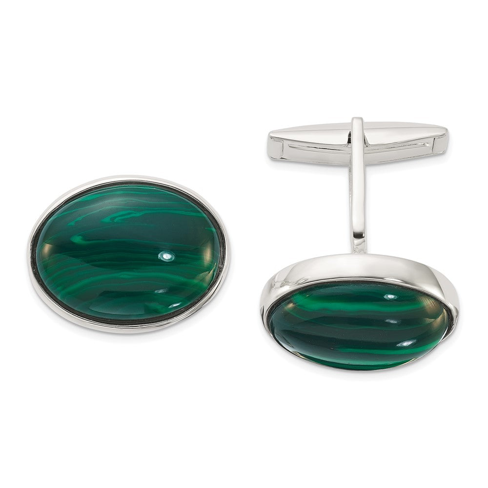 Sterling Silver Polished Malachite Oval Cuff Links - Product Photo