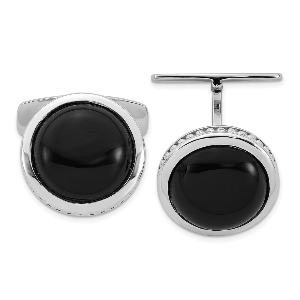 Sterling Silver Rhodium-plated Polished Round Black Onyx Cuff Links - Product Photo