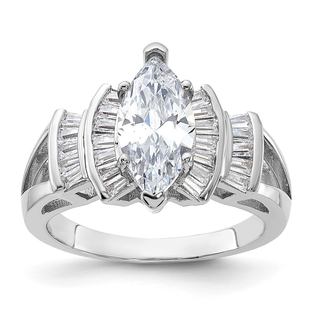 Sterling Silver Rhodium-plated Marquise Shape Center CZ Ring - Product Photo