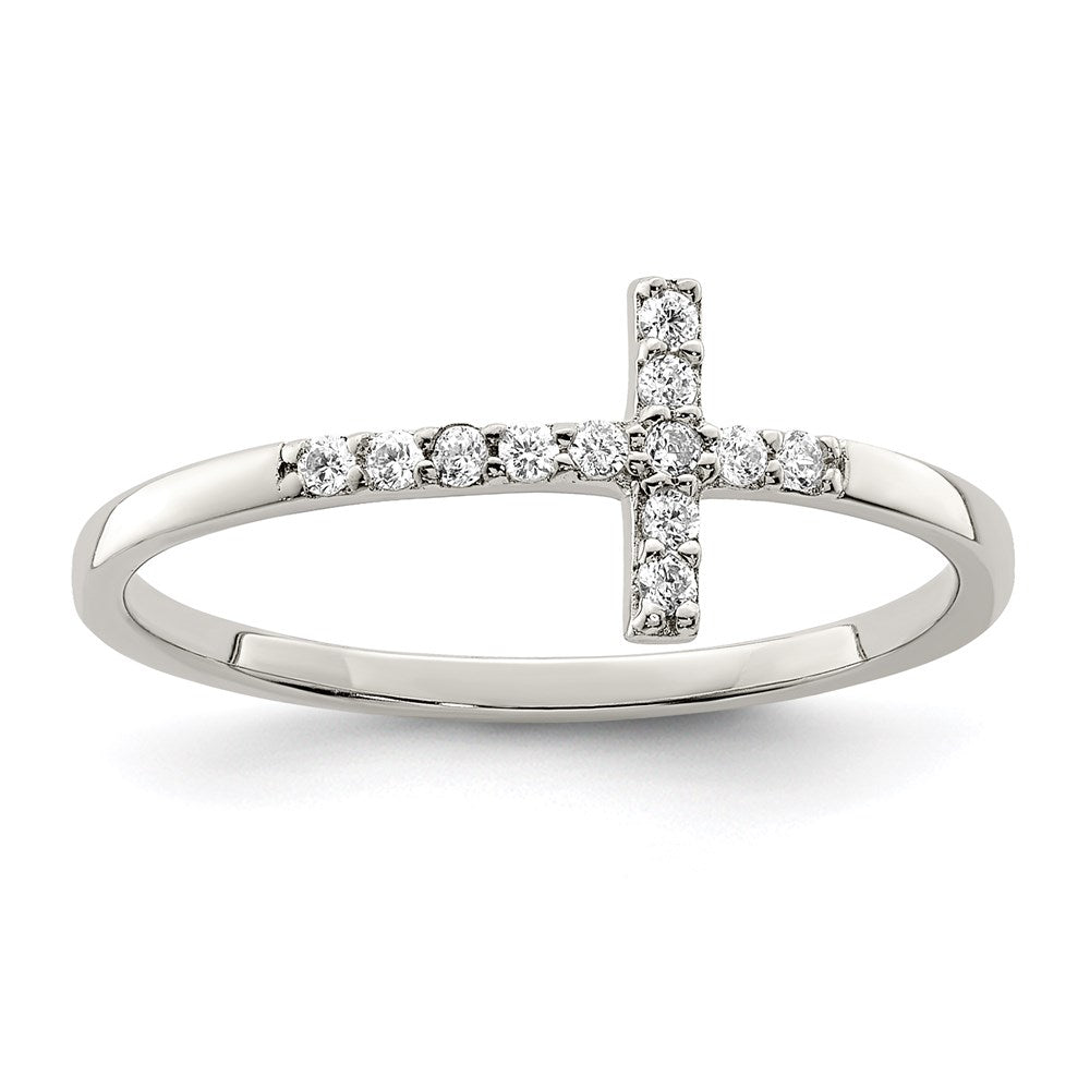 Sterling Silver Rhodium-plated CZ Sideways Cross Ring - Product Photo