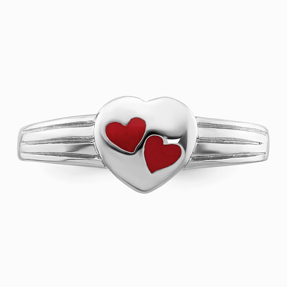 Sterling Silver RH-plated Polished & Red Enameled Heart Children's Ring - Product Photo