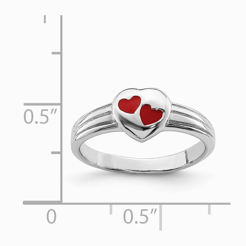 Sterling Silver RH-plated Polished & Red Enameled Heart Children's Ring - Product Photo