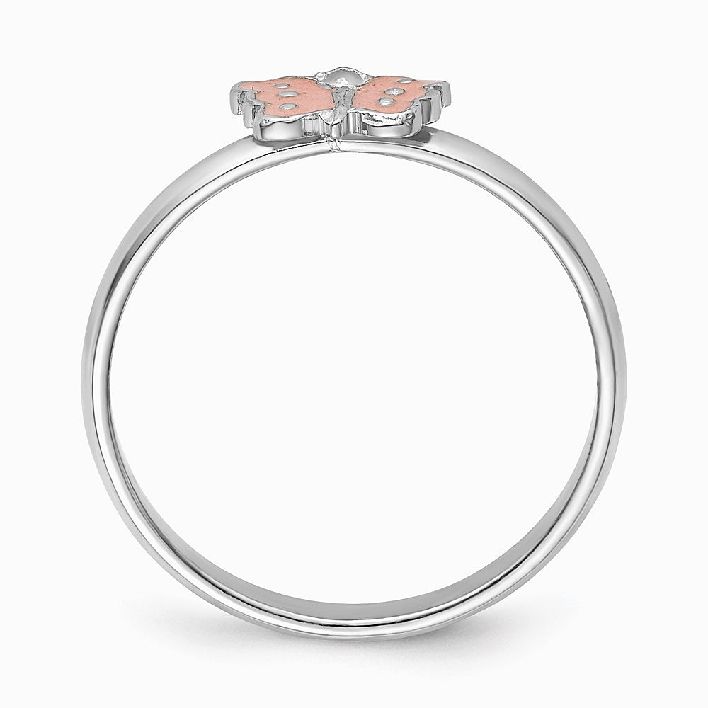 Sterling Silver RH-plated Polished Pink Enameled Butterfly Children's Ring - Product Photo