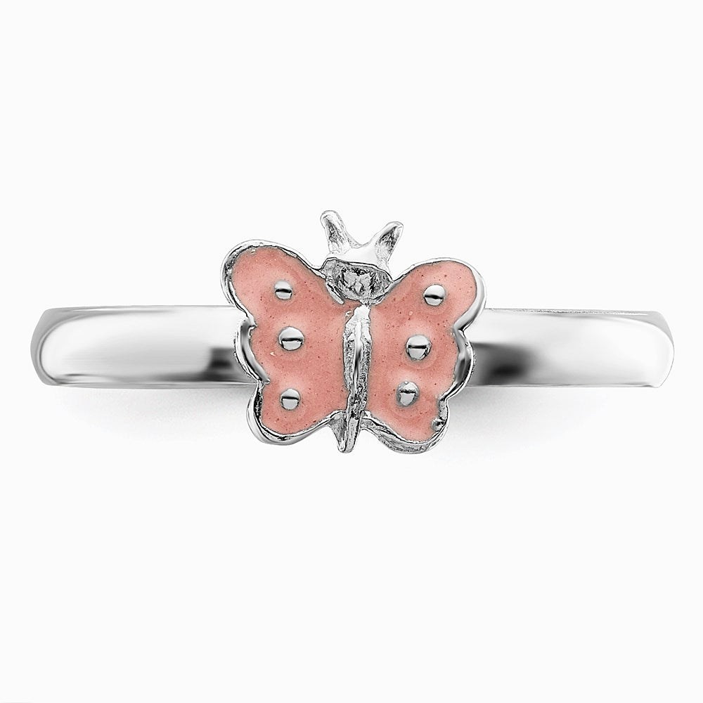 Sterling Silver RH-plated Polished Pink Enameled Butterfly Children's Ring - Product Photo