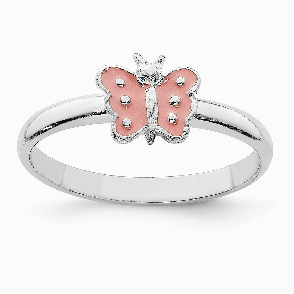 Sterling Silver RH-plated Polished Pink Enameled Butterfly Children's Ring - Product Photo