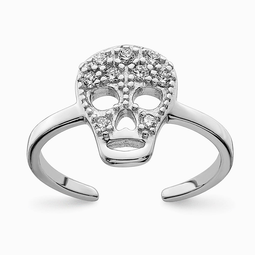 Sterling Silver Rhodium-plated CZ Skull Toe Ring - Product Photo