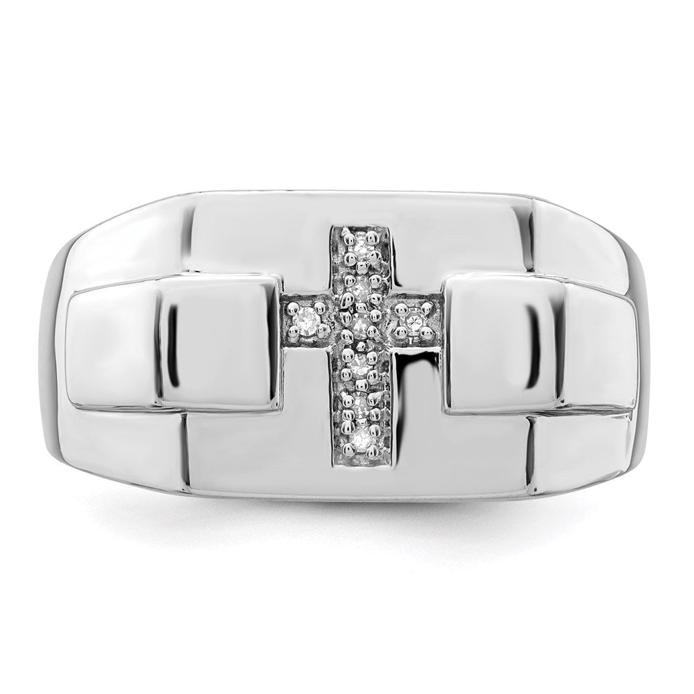 Sterling Silver Rhodium Diamond. Cross Signet Ring - Product Photo