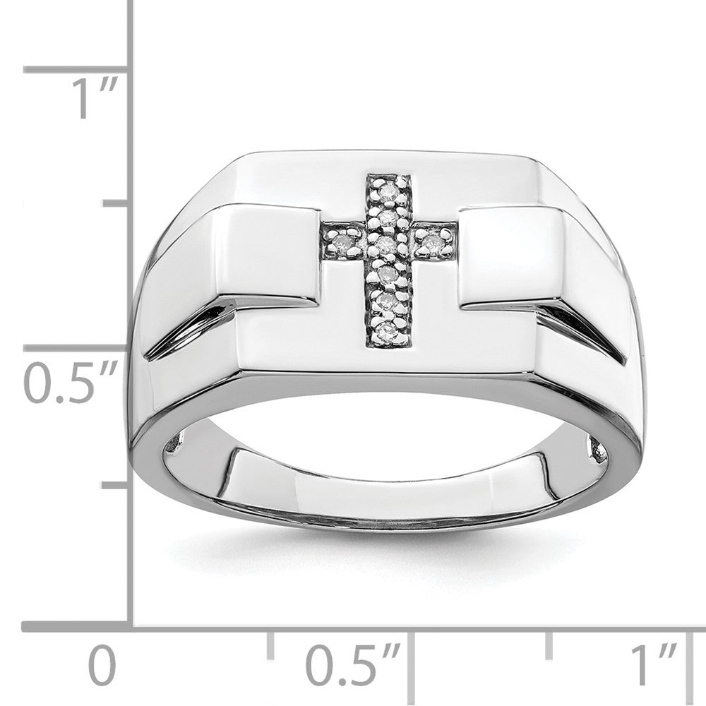Sterling Silver Rhodium Diamond. Cross Signet Ring - Product Photo