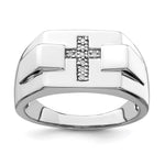 Sterling Silver Rhodium Diamond. Cross Signet Ring - Product Photo