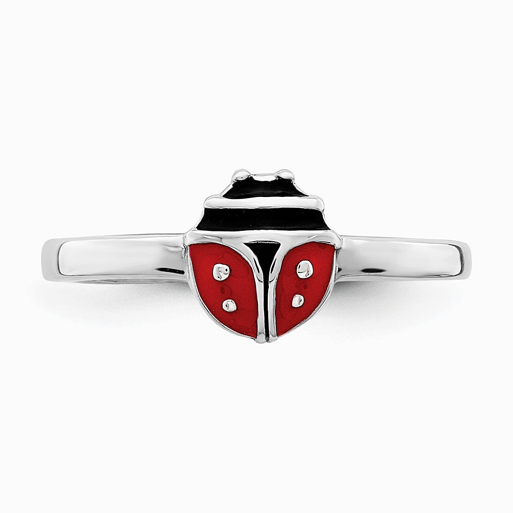 Sterling Silver Rhodium-plated Polished & Enameled Ladybug Children's Ring - Product Photo