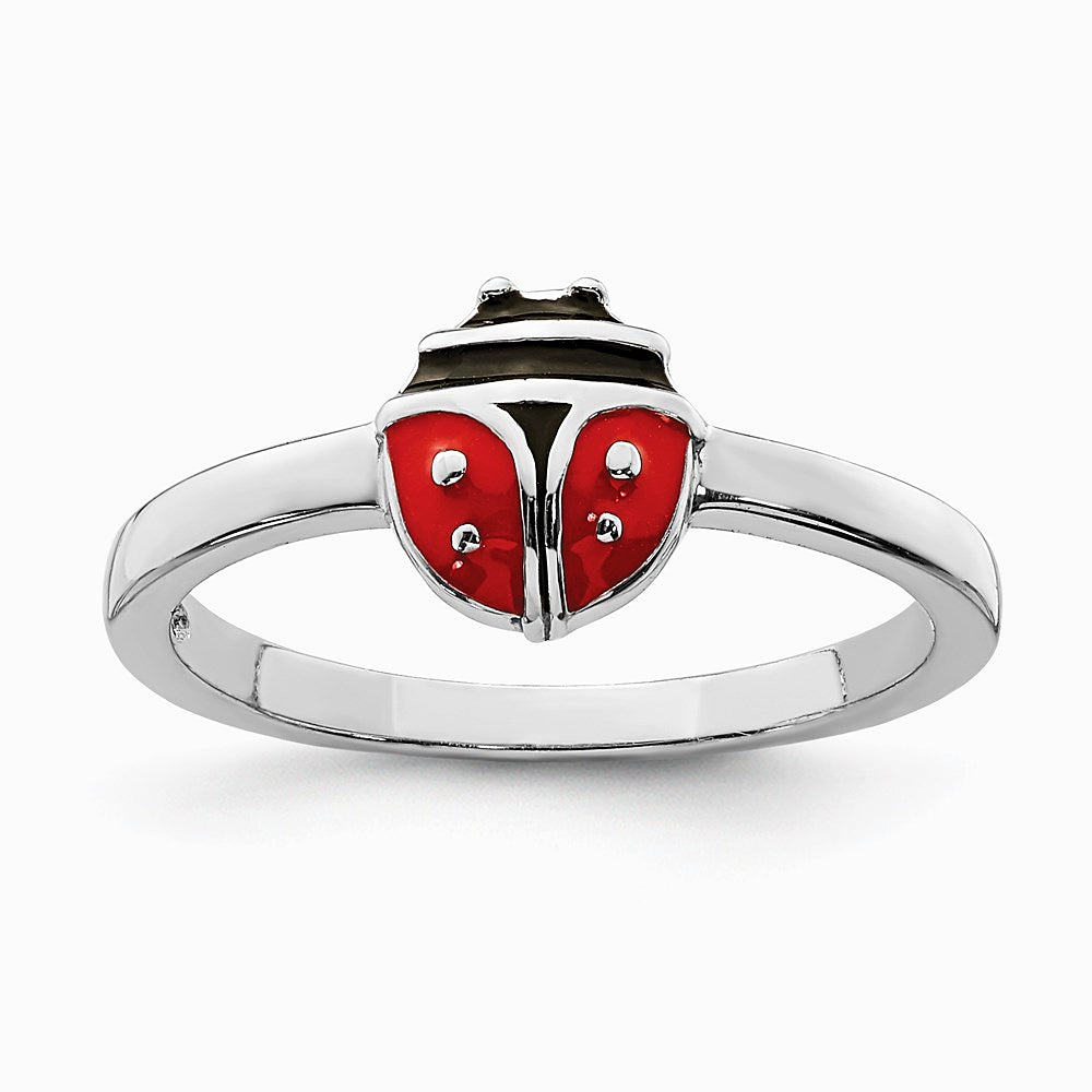 Sterling Silver Rhodium-plated Polished & Enameled Ladybug Children's Ring - Product Photo