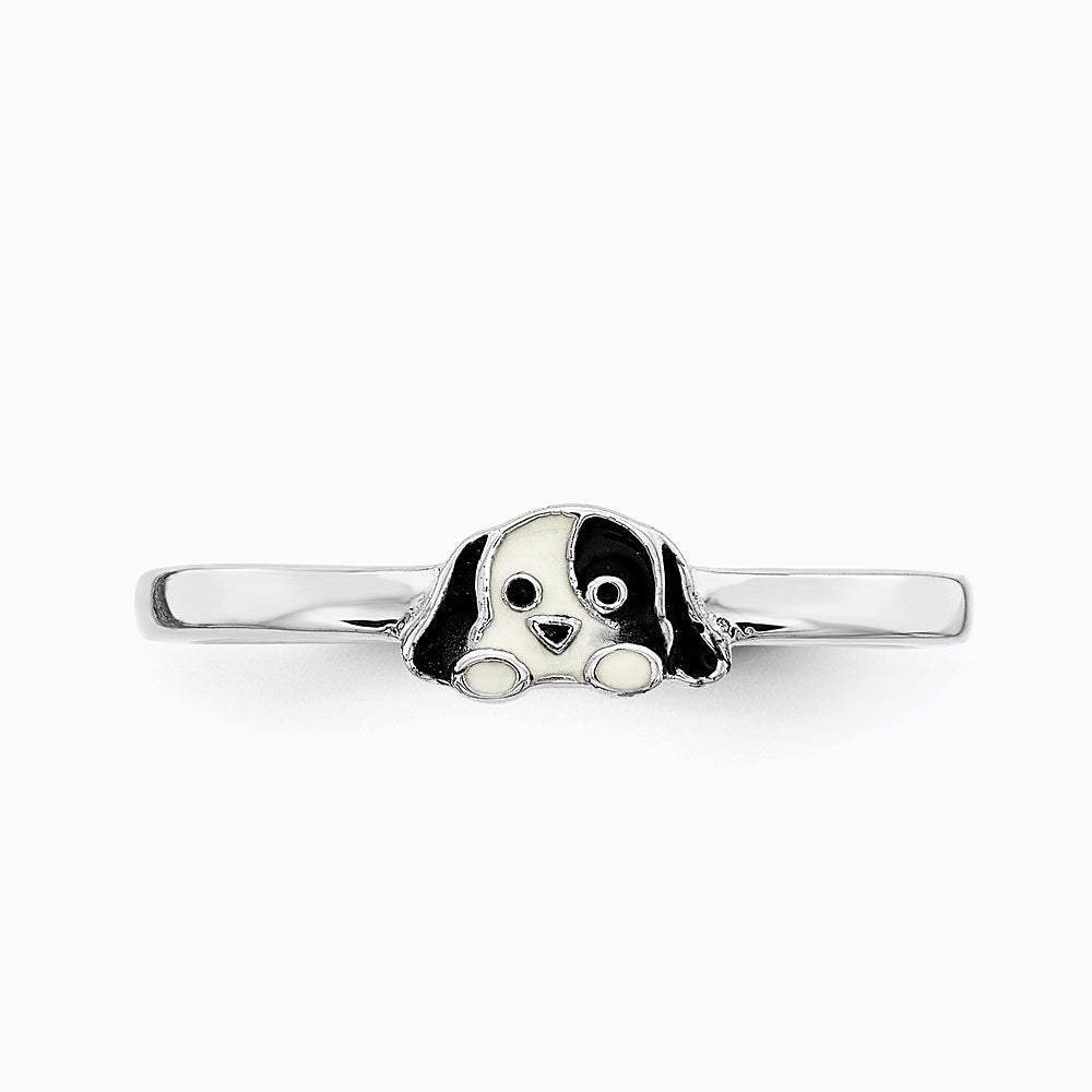 Sterling Silver RH-plated Black & White Enameled Puppy Children's Ring - Product Photo