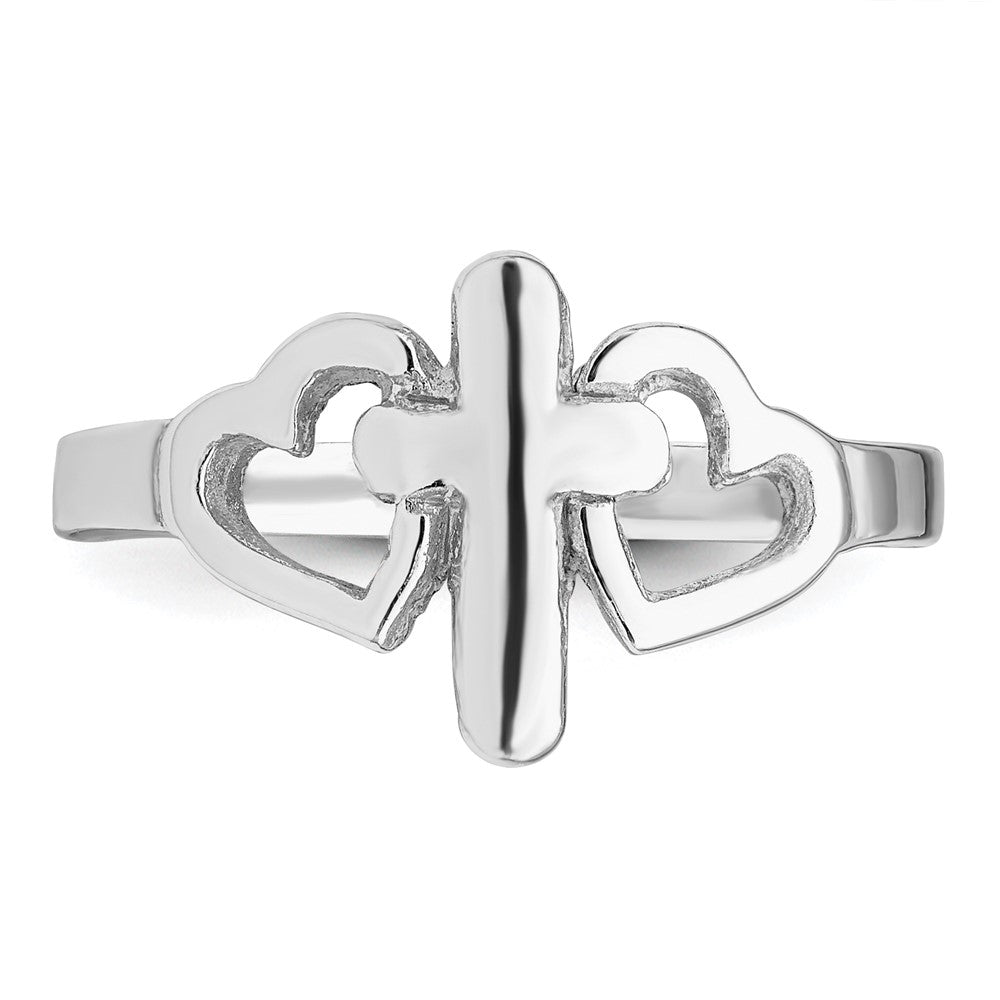 Sterling Silver Rhodium plated Hearts & Cross Ring - Product Photo