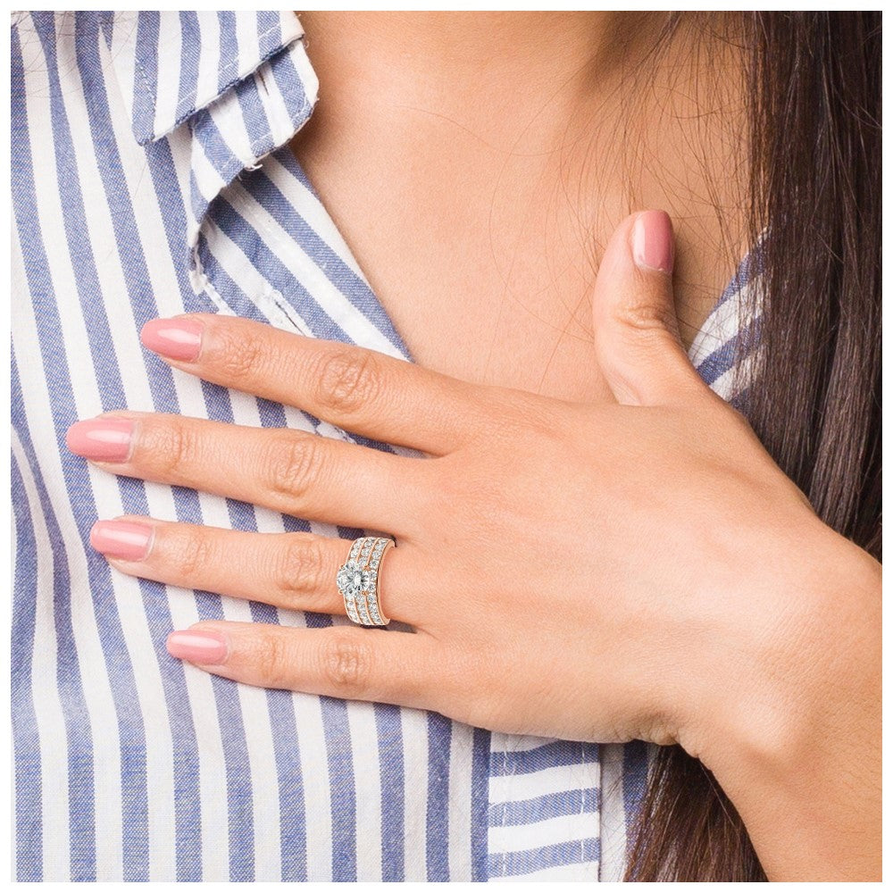Sterling Silver Polished Rose-tone 3 Row CZ Ring - Product Photo