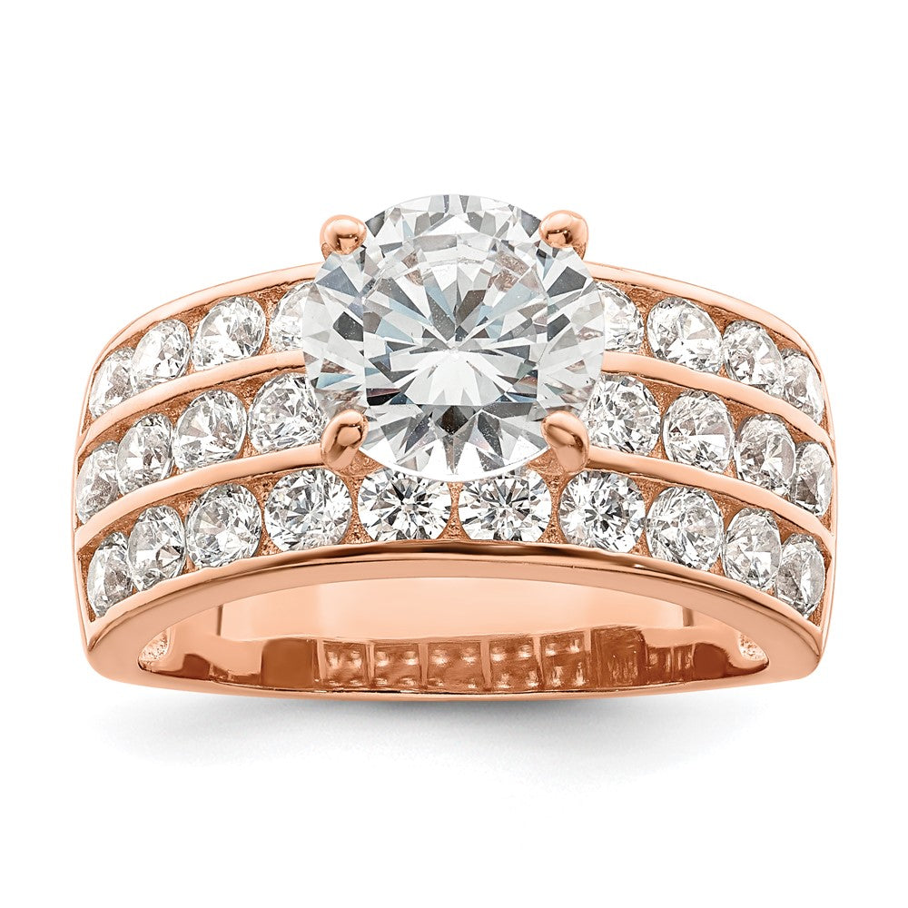 Sterling Silver Polished Rose-tone 3 Row CZ Ring - Product Photo