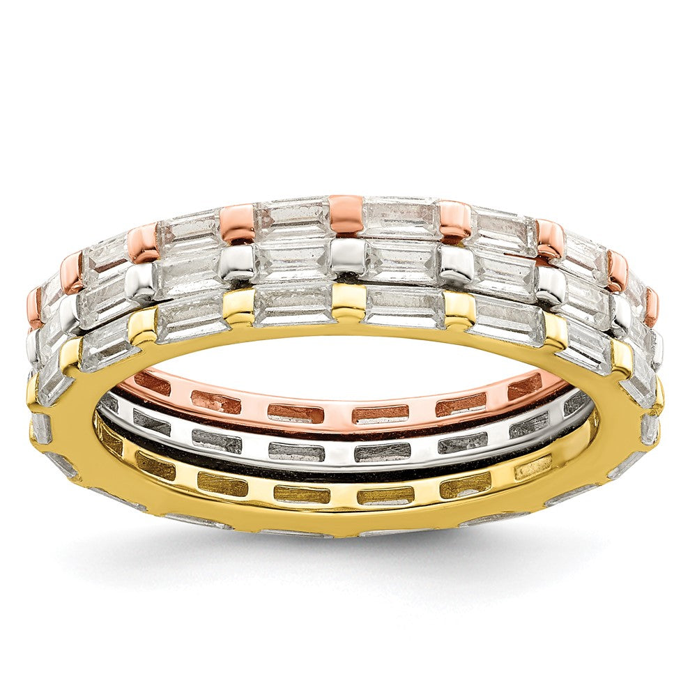 Sterling Silver Rose & Gold-tone Baguette CZ Eternity 3 Band Set - Product Photo