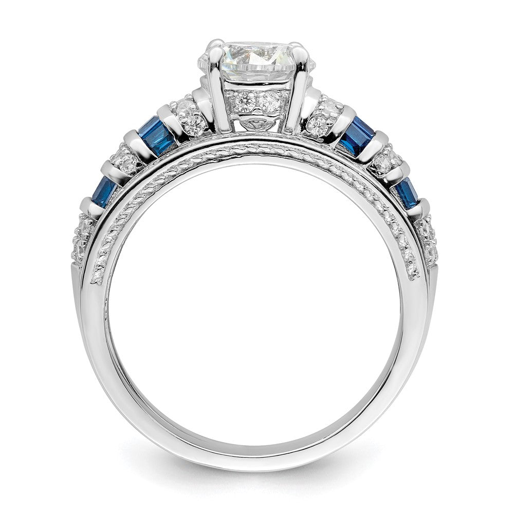 Sterling Silver Rh-plated Polished Blue & White CZ Engagement & Band Ring - Product Photo