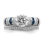 Sterling Silver Rh-plated Polished Blue & White CZ Engagement & Band Ring - Product Photo