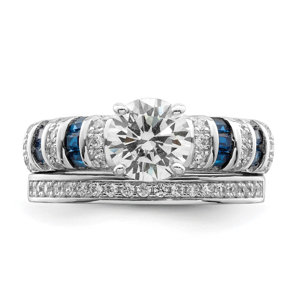 Sterling Silver Rh-plated Polished Blue & White CZ Engagement & Band Ring - Product Photo