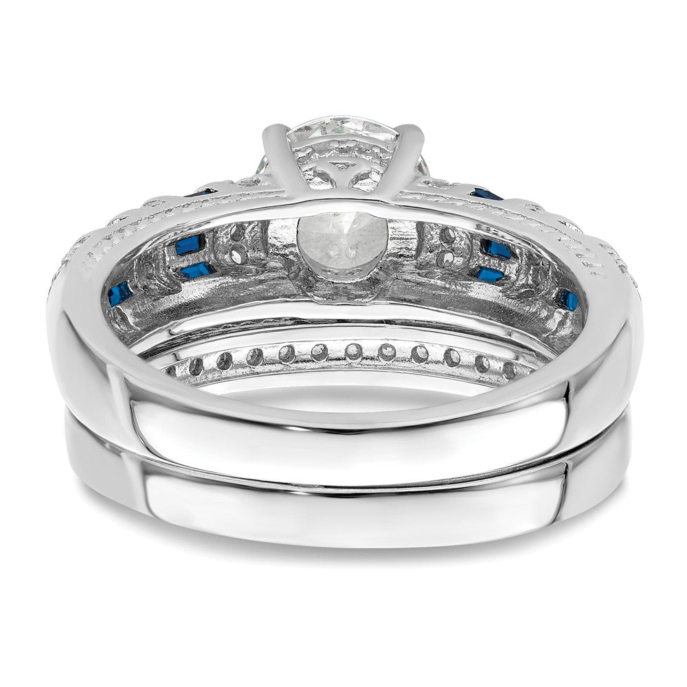 Sterling Silver Rh-plated Polished Blue & White CZ Engagement & Band Ring - Product Photo