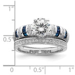 Sterling Silver Rh-plated Polished Blue & White CZ Engagement & Band Ring - Product Photo