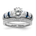 Sterling Silver Rh-plated Polished Blue & White CZ Engagement & Band Ring - Product Photo