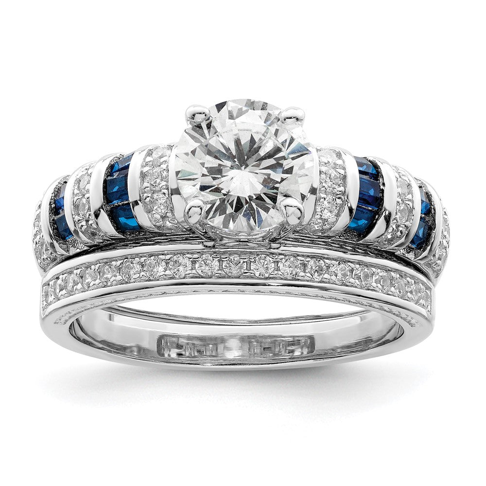 Sterling Silver Rh-plated Polished Blue & White CZ Engagement & Band Ring - Product Photo
