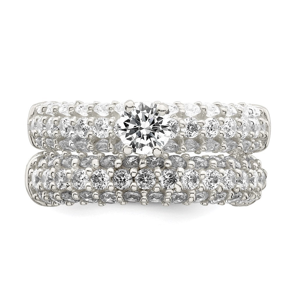 Sterling Silver Polished Pave CZ Wedding Ring Set - Product Photo