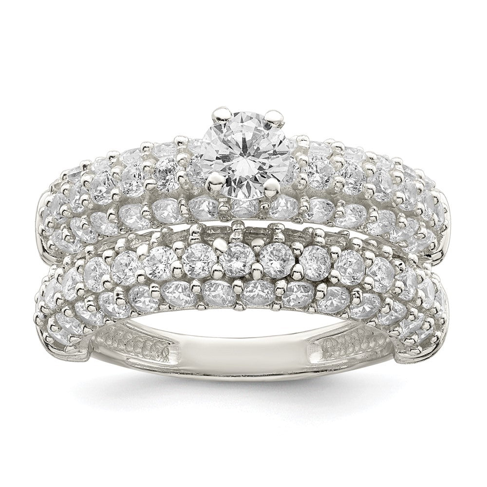 Sterling Silver Polished Pave CZ Wedding Ring Set - Product Photo