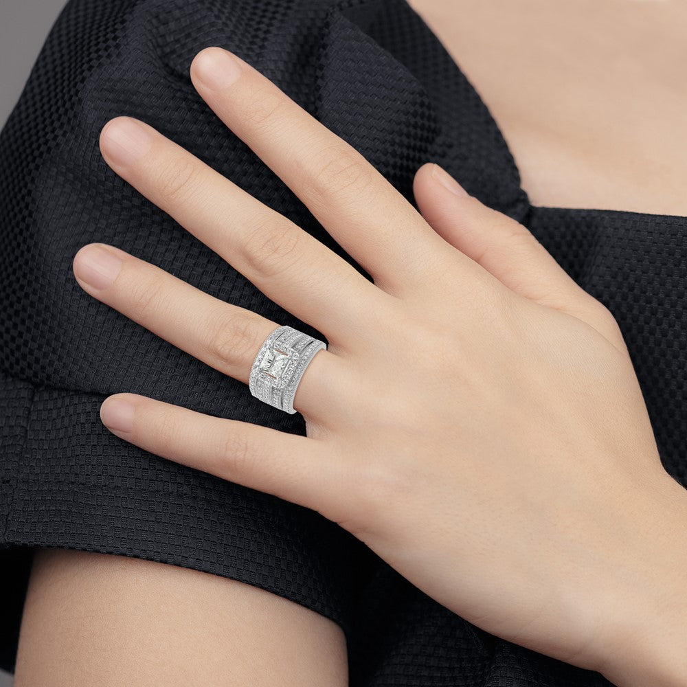 Sterling Silver Rhodium plated CZ 3 piece Bridal Ring Set - Product Photo