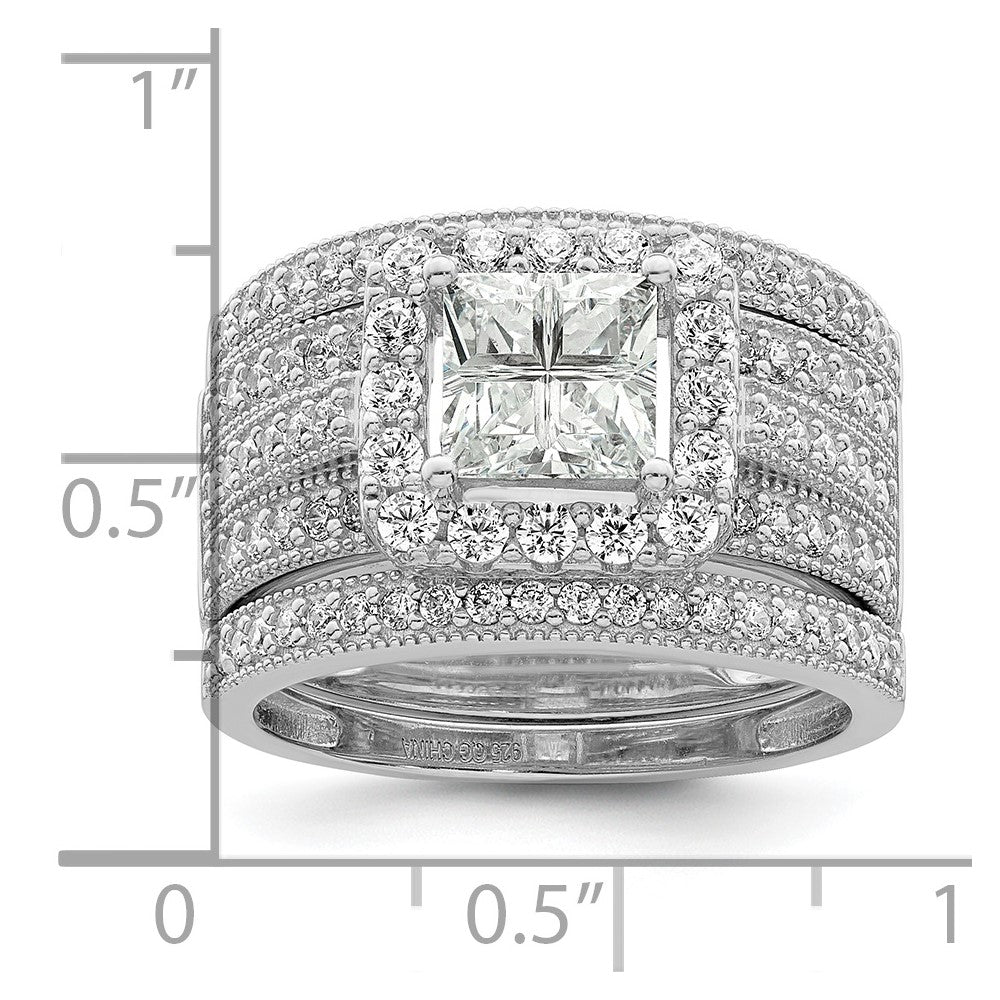 Sterling Silver Rhodium plated CZ 3 piece Bridal Ring Set - Product Photo