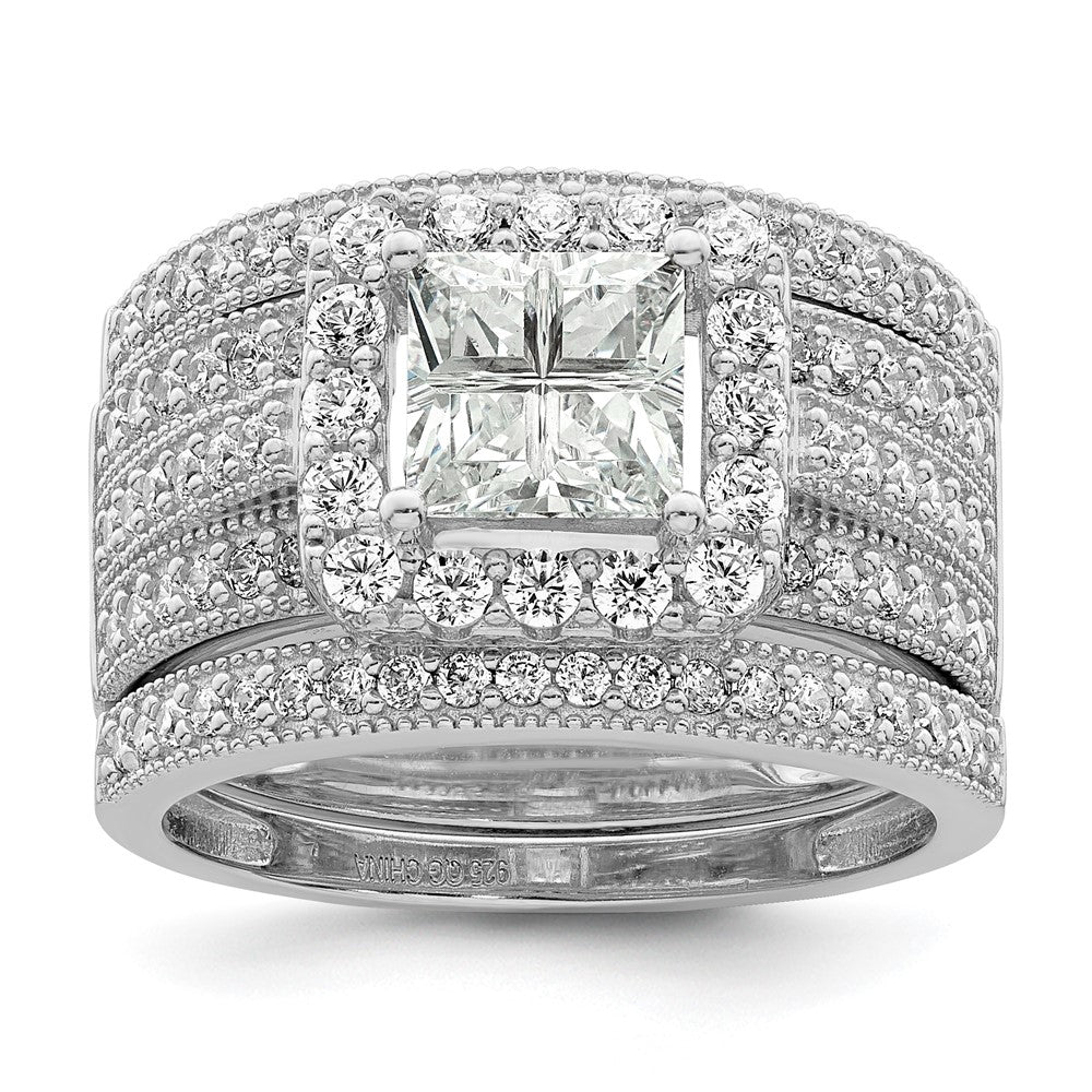 Sterling Silver Rhodium plated CZ 3 piece Bridal Ring Set - Product Photo