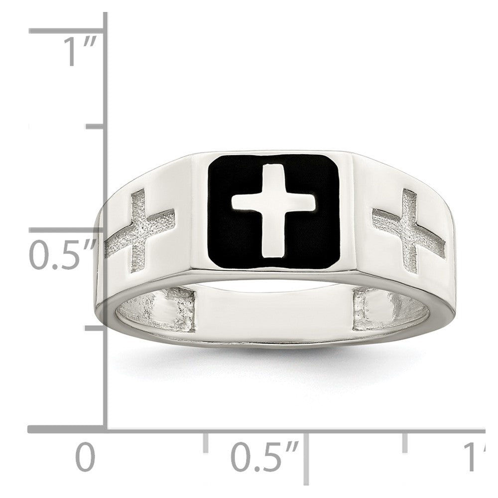 Sterling Silver Rhodium-plated Enameled Cross Ring - Product Photo