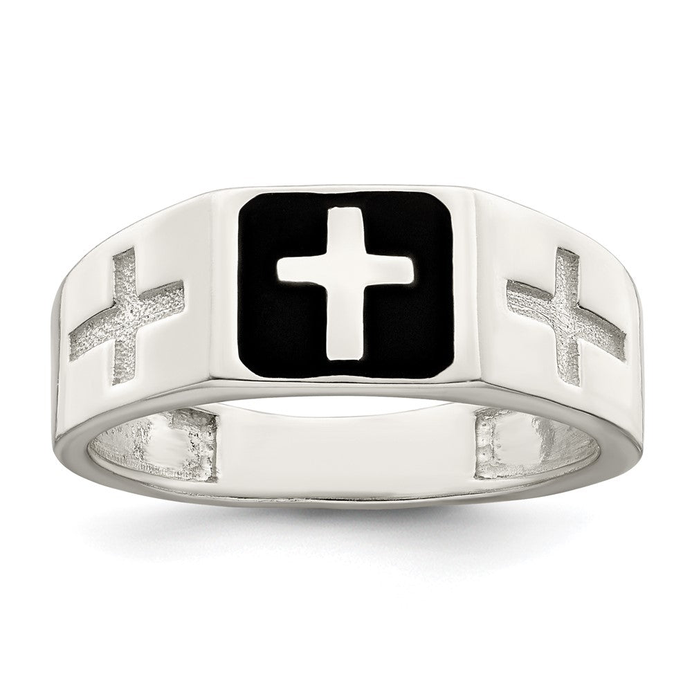 Sterling Silver Rhodium-plated Enameled Cross Ring - Product Photo