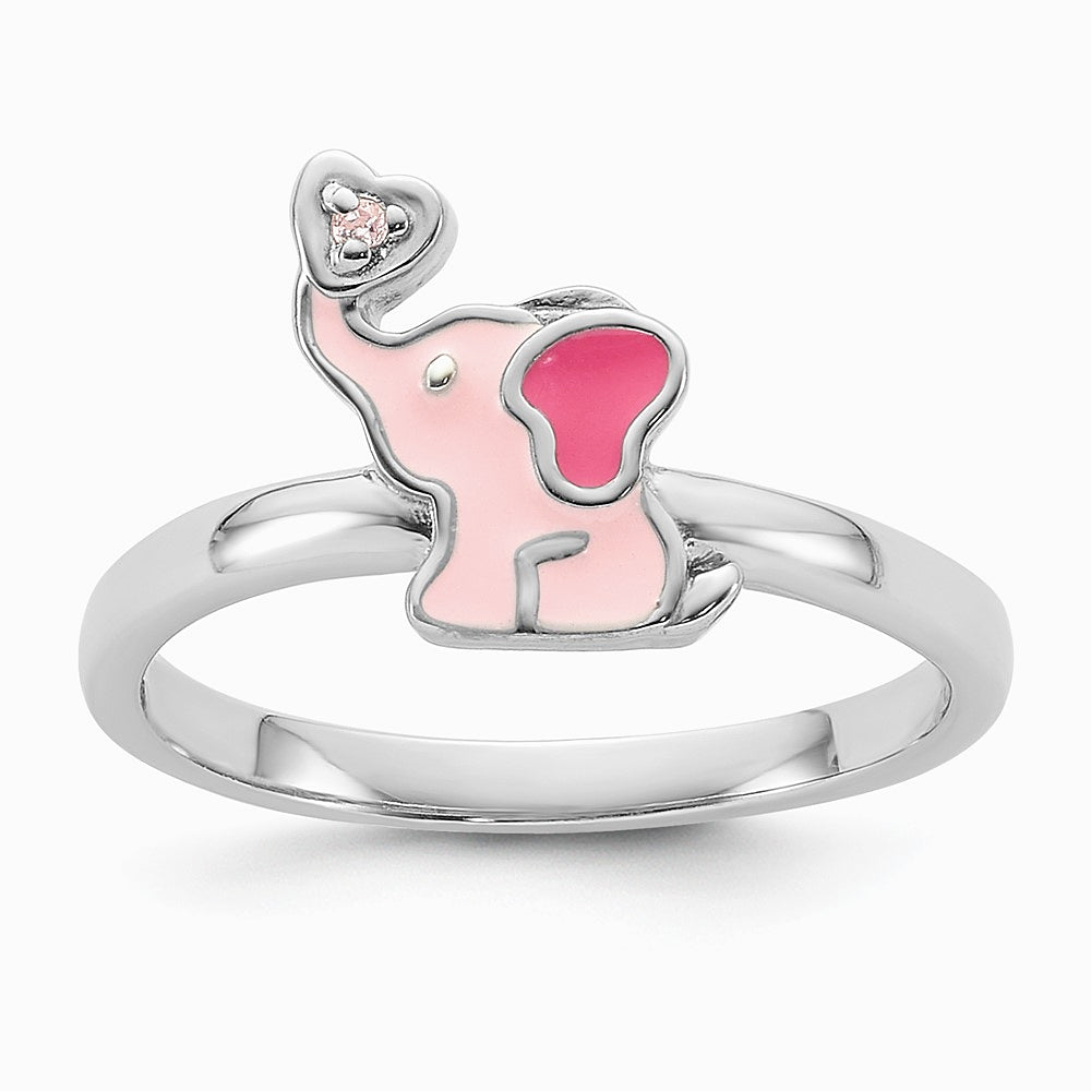 Sterling Silver Rhodium-plated Pink Enamel & CZ Elephant Children's Ring - Product Photo