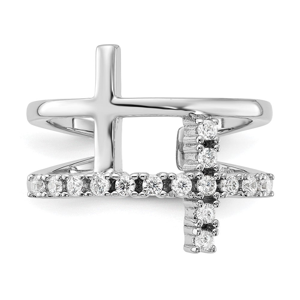True Fire Sterling Silver Rhodium-plated Double Cross CZ Open Back Ring - Product Photo
