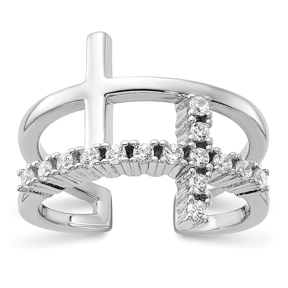 True Fire Sterling Silver Rhodium-plated Double Cross CZ Open Back Ring - Product Photo