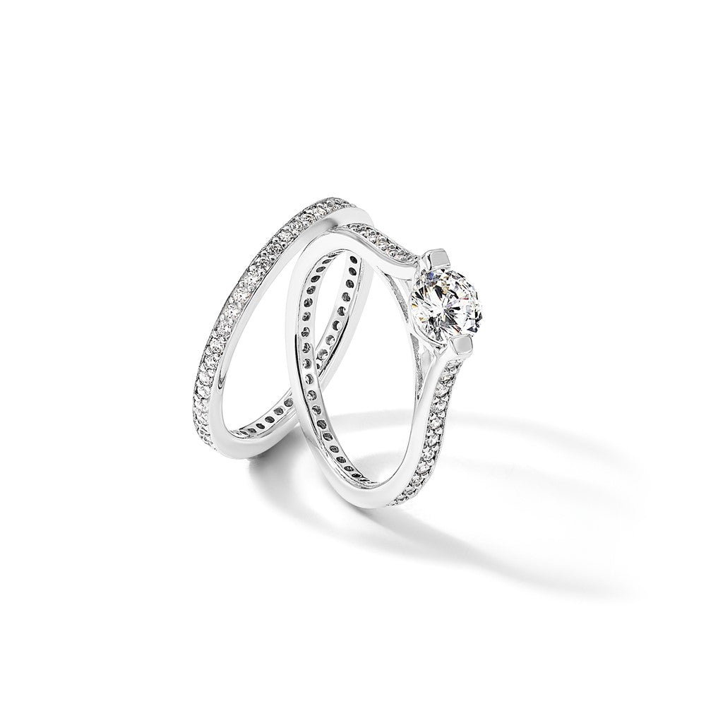 Sterling Silver Rhodium-plated CZ Eternity Engagement Ring and Band Set - Product Photo