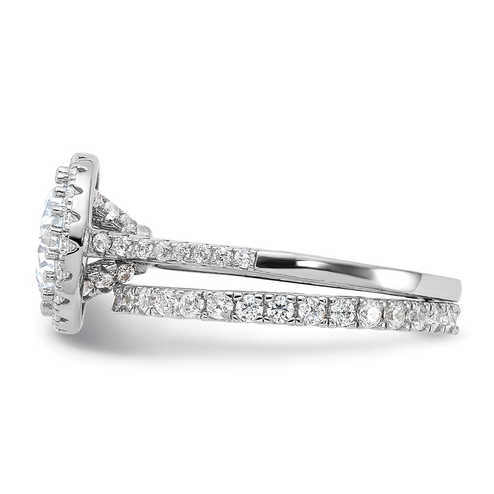 Sterling Silver RH-plated CZ Halo Engagement Ring and Eternity Band Set - Product Photo
