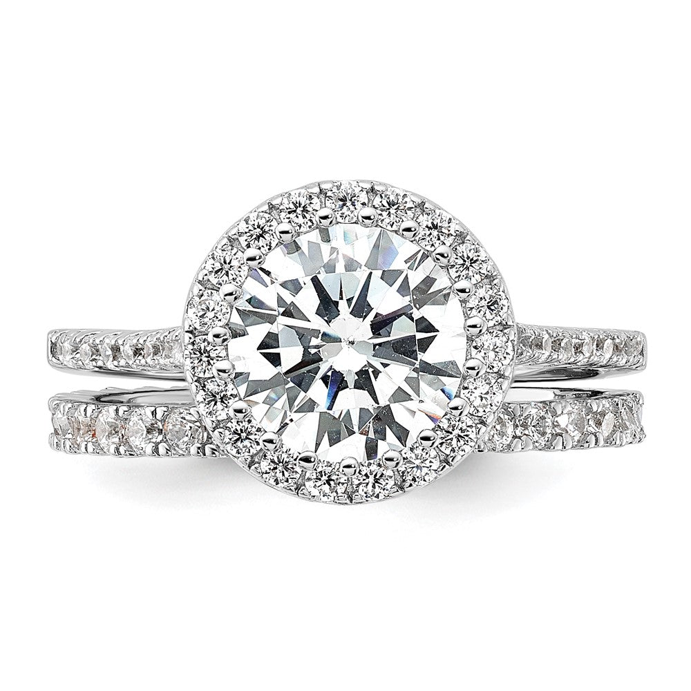 Sterling Silver RH-plated CZ Halo Engagement Ring and Eternity Band Set - Product Photo