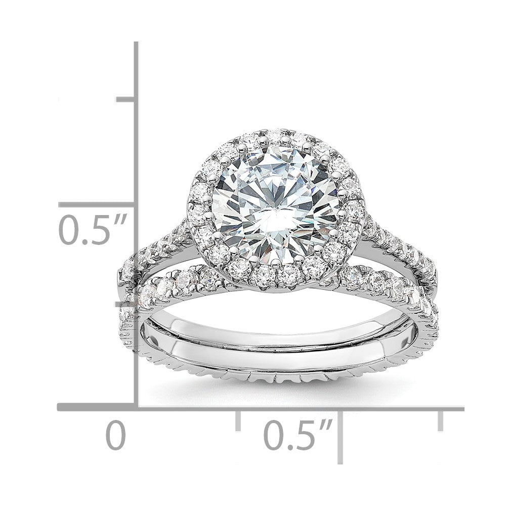 Sterling Silver RH-plated CZ Halo Engagement Ring and Eternity Band Set - Product Photo