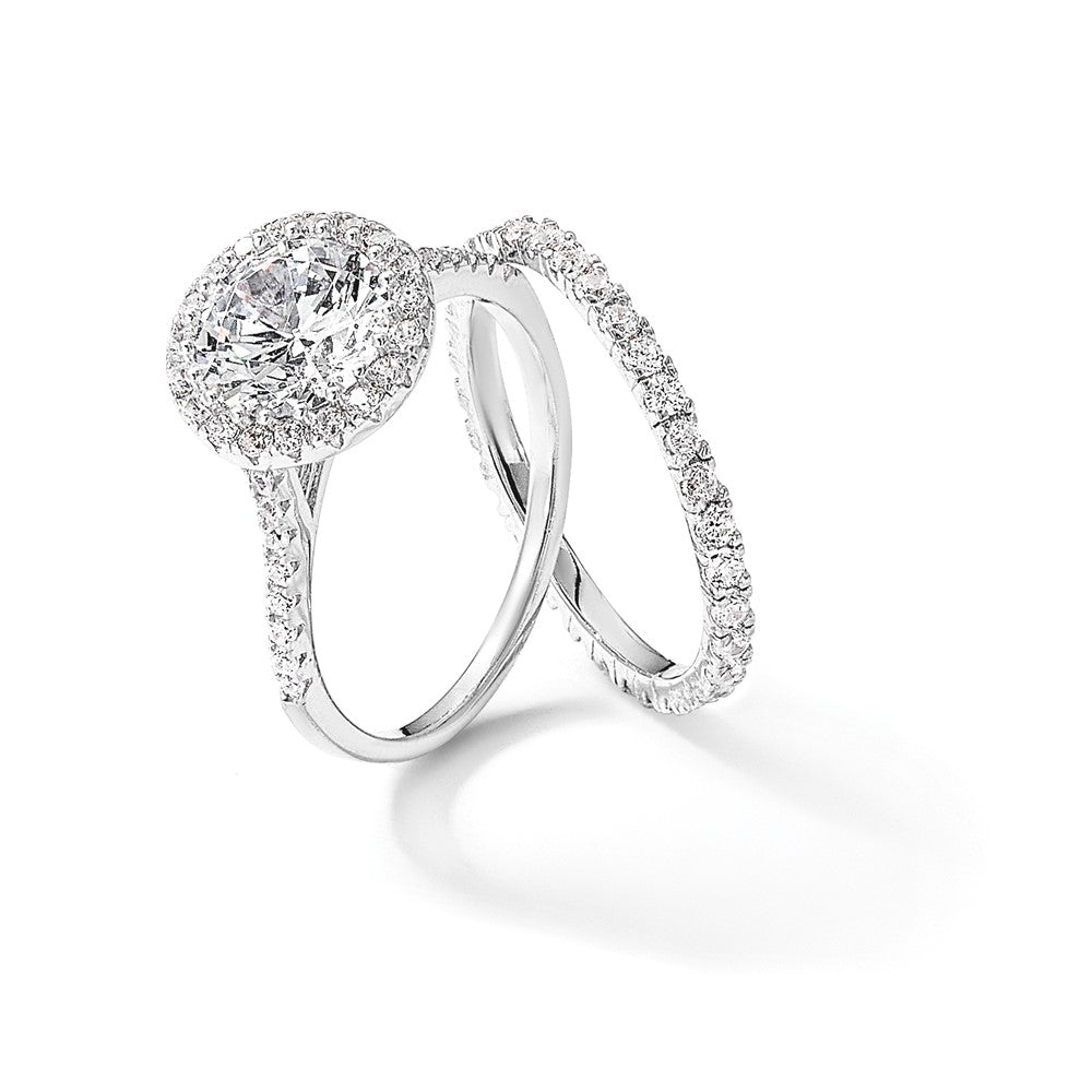 Sterling Silver RH-plated CZ Halo Engagement Ring and Eternity Band Set - Product Photo