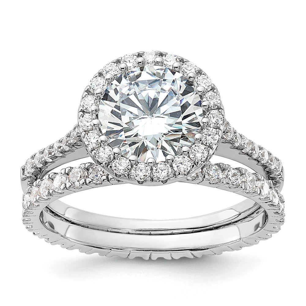 Sterling Silver RH-plated CZ Halo Engagement Ring and Eternity Band Set - Product Photo