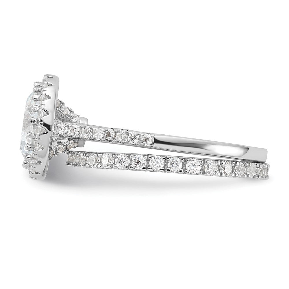 Sterling Silver Rhodium-plated 11mm CZ Halo Engagement/Eternity Band 2 Ring Set - Product Photo