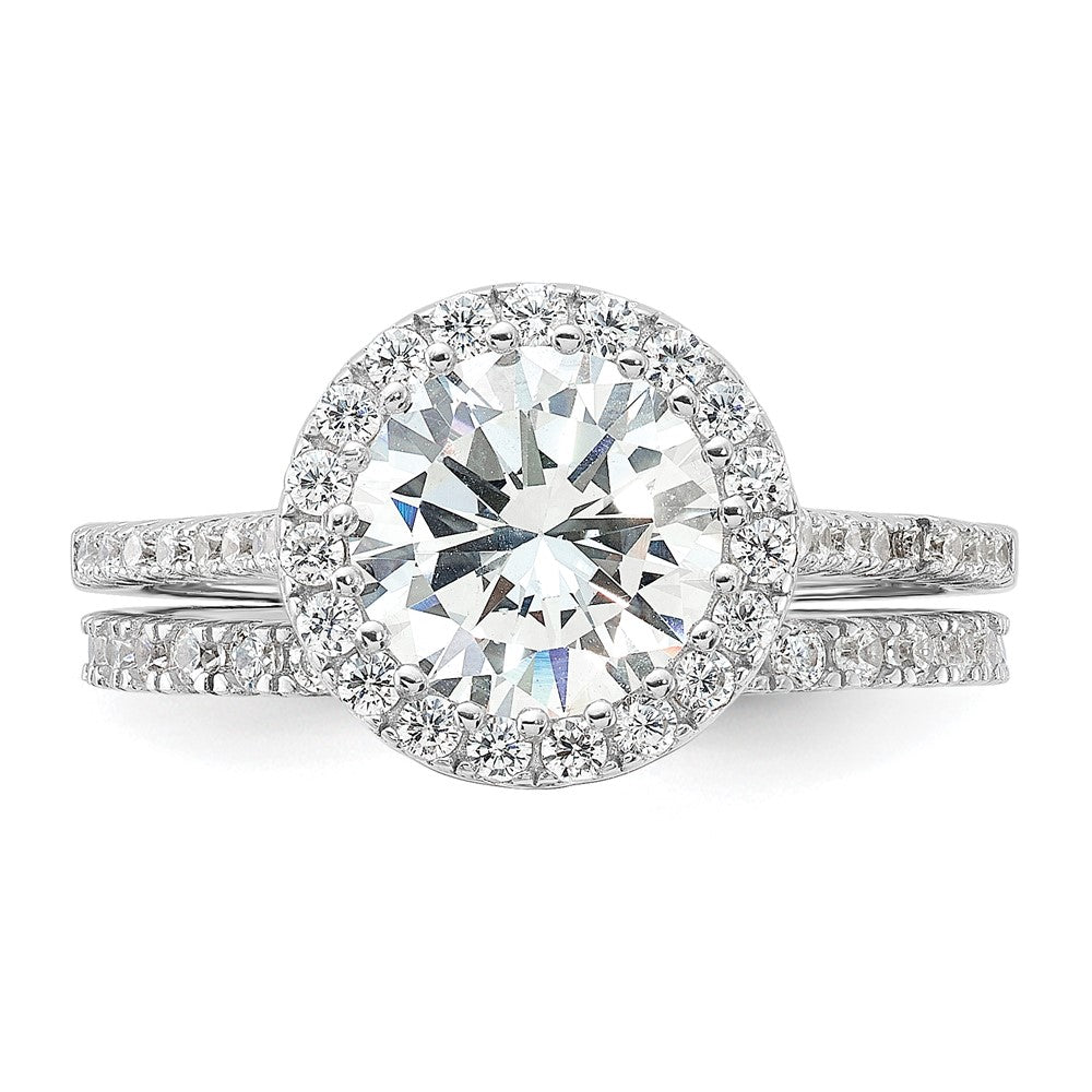Sterling Silver Rhodium-plated 11mm CZ Halo Engagement/Eternity Band 2 Ring Set - Product Photo