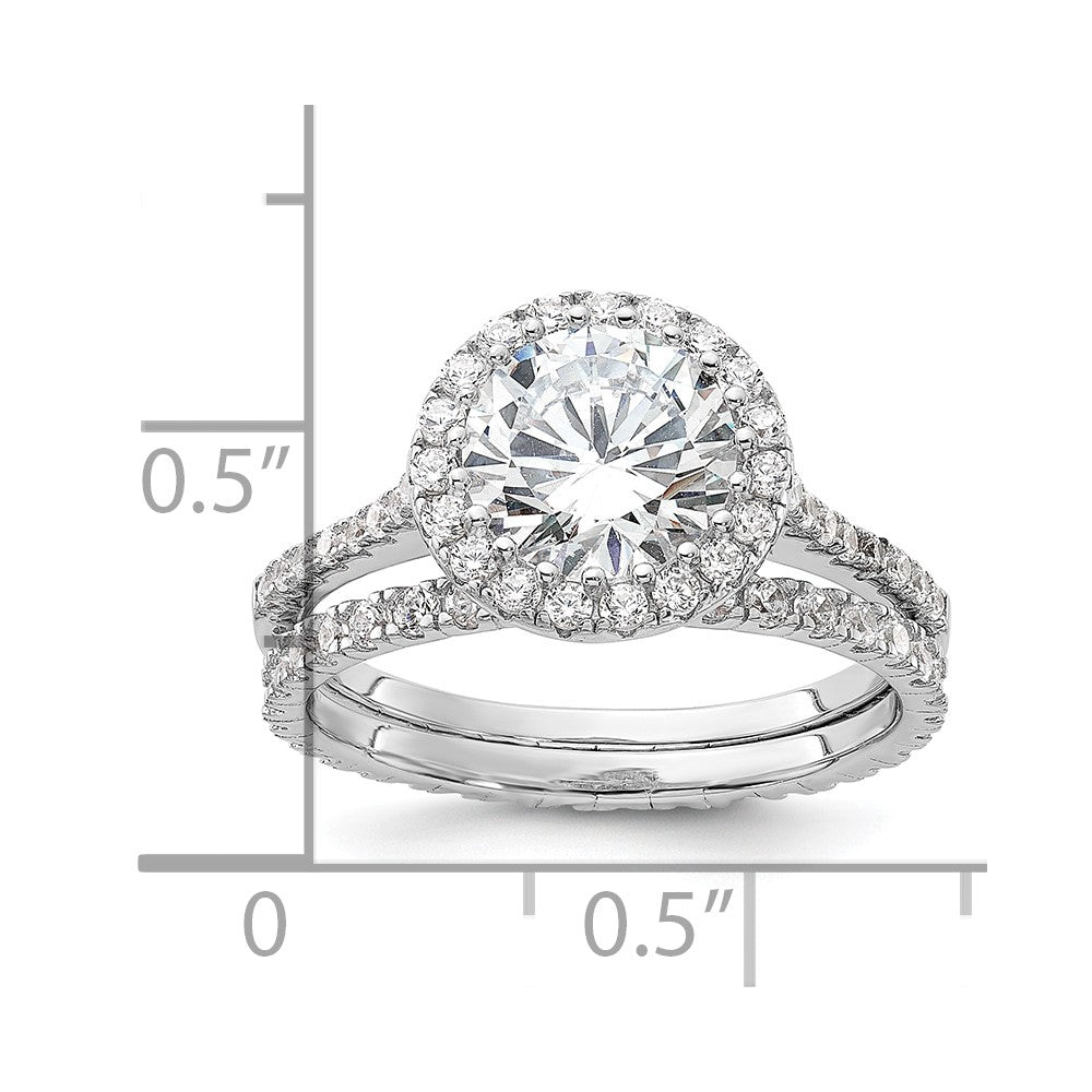 Sterling Silver Rhodium-plated 11mm CZ Halo Engagement/Eternity Band 2 Ring Set - Product Photo