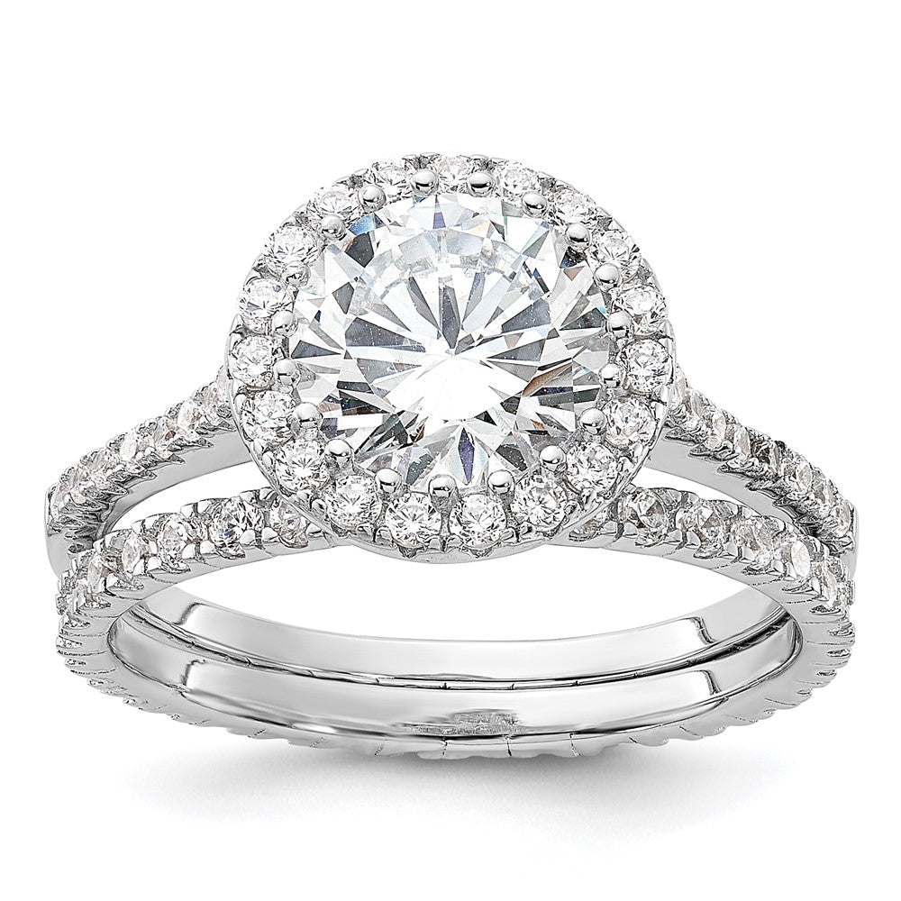 Sterling Silver Rhodium-plated 11mm CZ Halo Engagement/Eternity Band 2 Ring Set - Product Photo