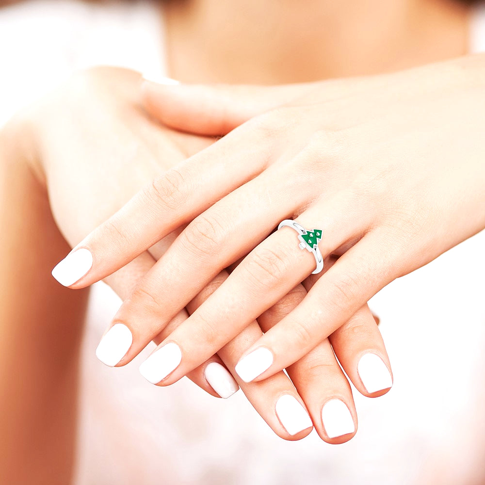 Sterling Silver Rhodium-plated Children's Enamel Christmas Tree Ring - Product Photo