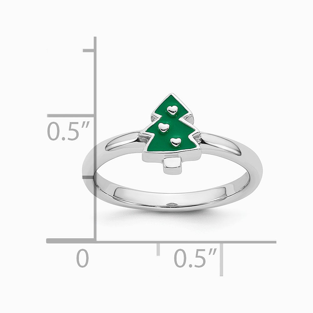 Sterling Silver Rhodium-plated Children's Enamel Christmas Tree Ring - Product Photo